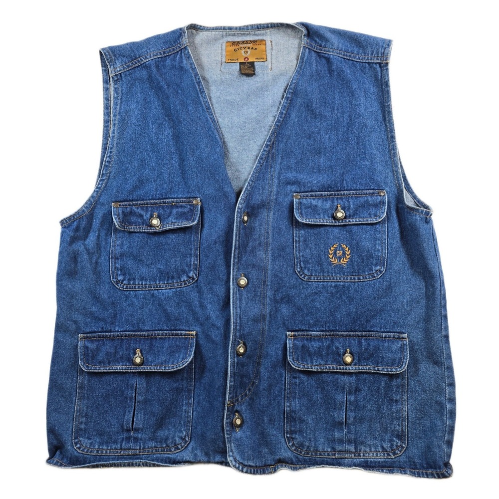 City Rap Denim Utility Vest Mens Large Blue Jean Multi-Pocket 90's Y2K VTG